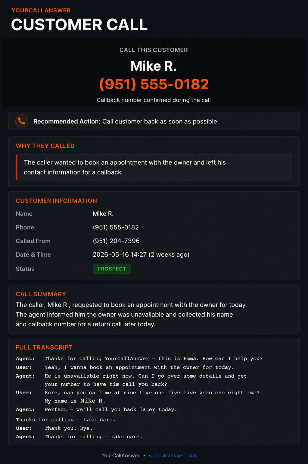 Full email call summary